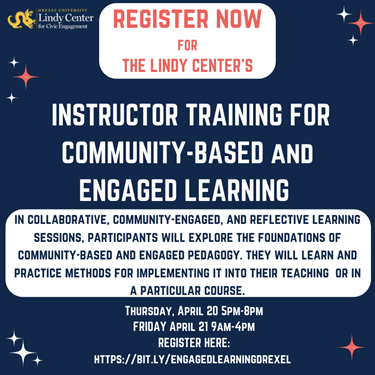 Image with blue background and large text: Instructor Training for Community-Based and Engaged Learning